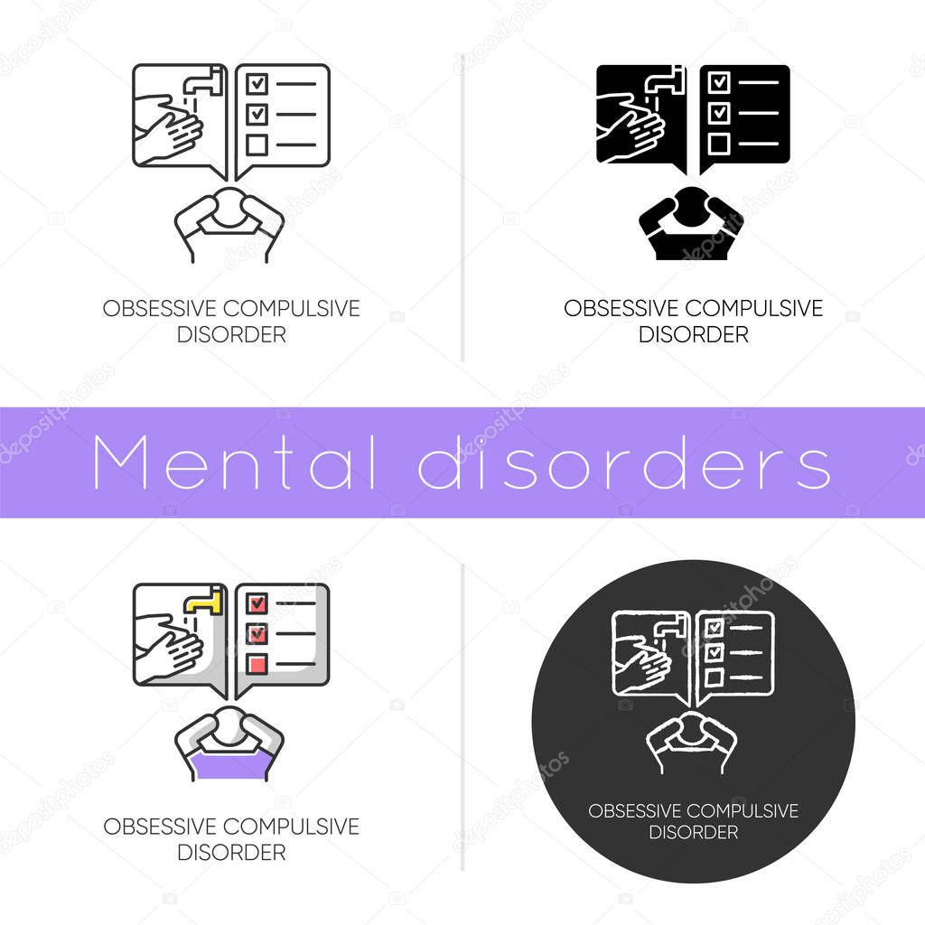 Obsessive-compulsive disorder icon. Disturbed man. Thinking under pressure. Stress and anxiety. Perfectionist. Mental health issues. Flat design, linear and color styles. Isolated vector illustrations