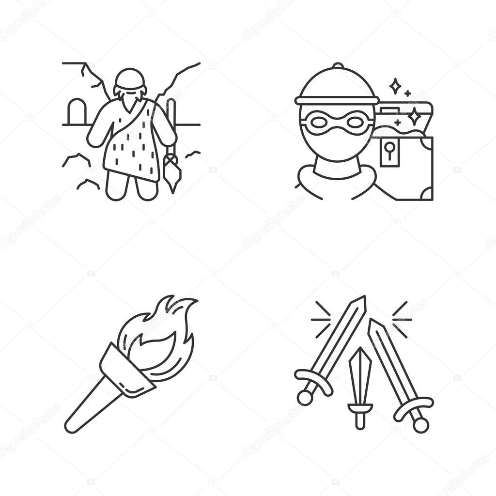 Archeology linear icons set. Prehistoric man. Caveman. Marauding. Treasure hunt. Robbery. Flaming torch. Sword fight. Thin line contour symbols. Isolated vector outline illustrations. Editable stroke