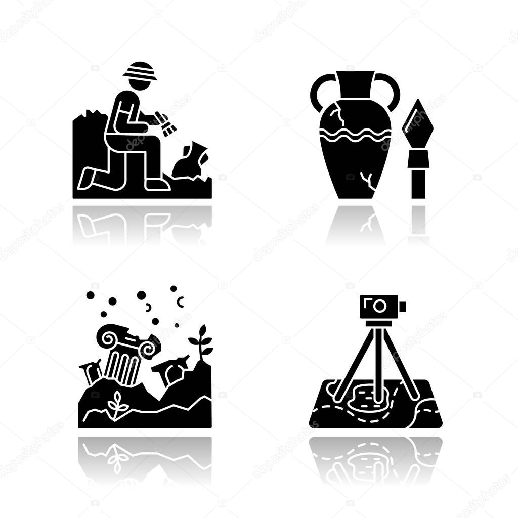 Archeology drop shadow black glyph icons set. Excavation, research. Ancient artifact. Amphora and spear. Lost cities. Column ruins. Field survey. Historical discoveries. Isolated vector illustrations