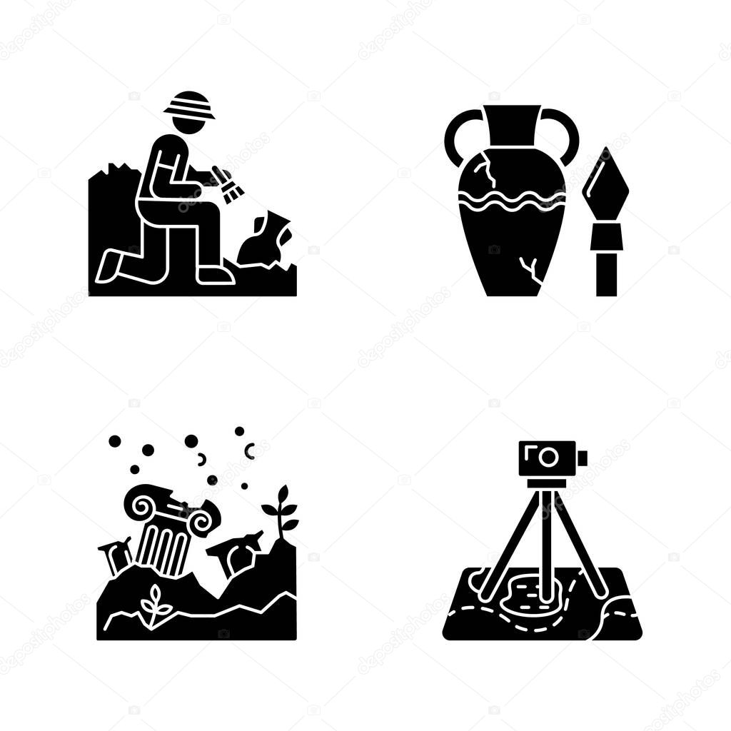 Archeology glyph icons set. Excavation, research. Ancient artifact. Amphora and spear. Lost cities. Column ruins. Field survey. Historic discoveries. Silhouette symbols. Vector isolated illustration