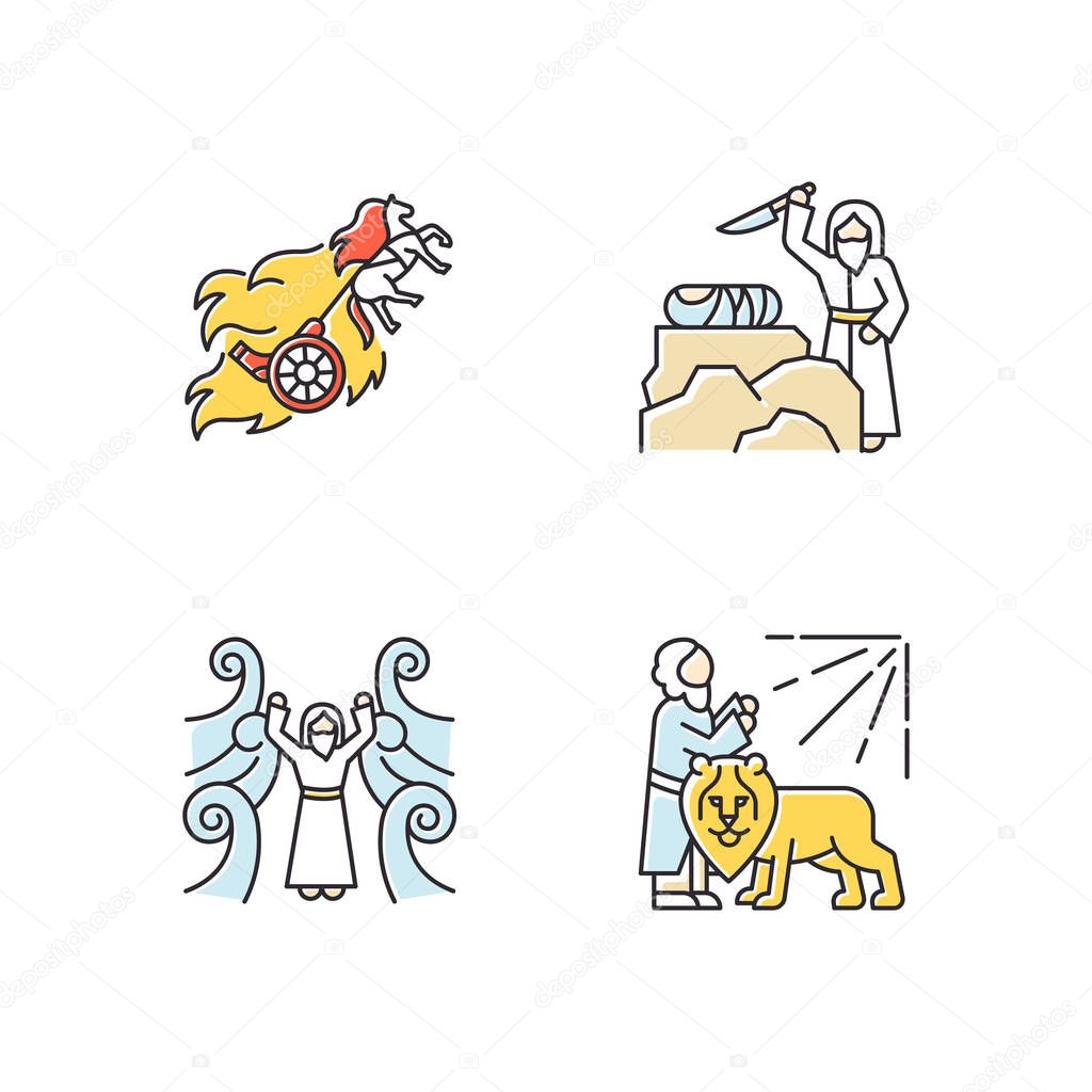 Bible narratives color icons set. Chariot of fire, binding of Isaac myths. Religious legends. Christian religion, holy book scenes plot. Biblical stories. Isolated vector illustrations