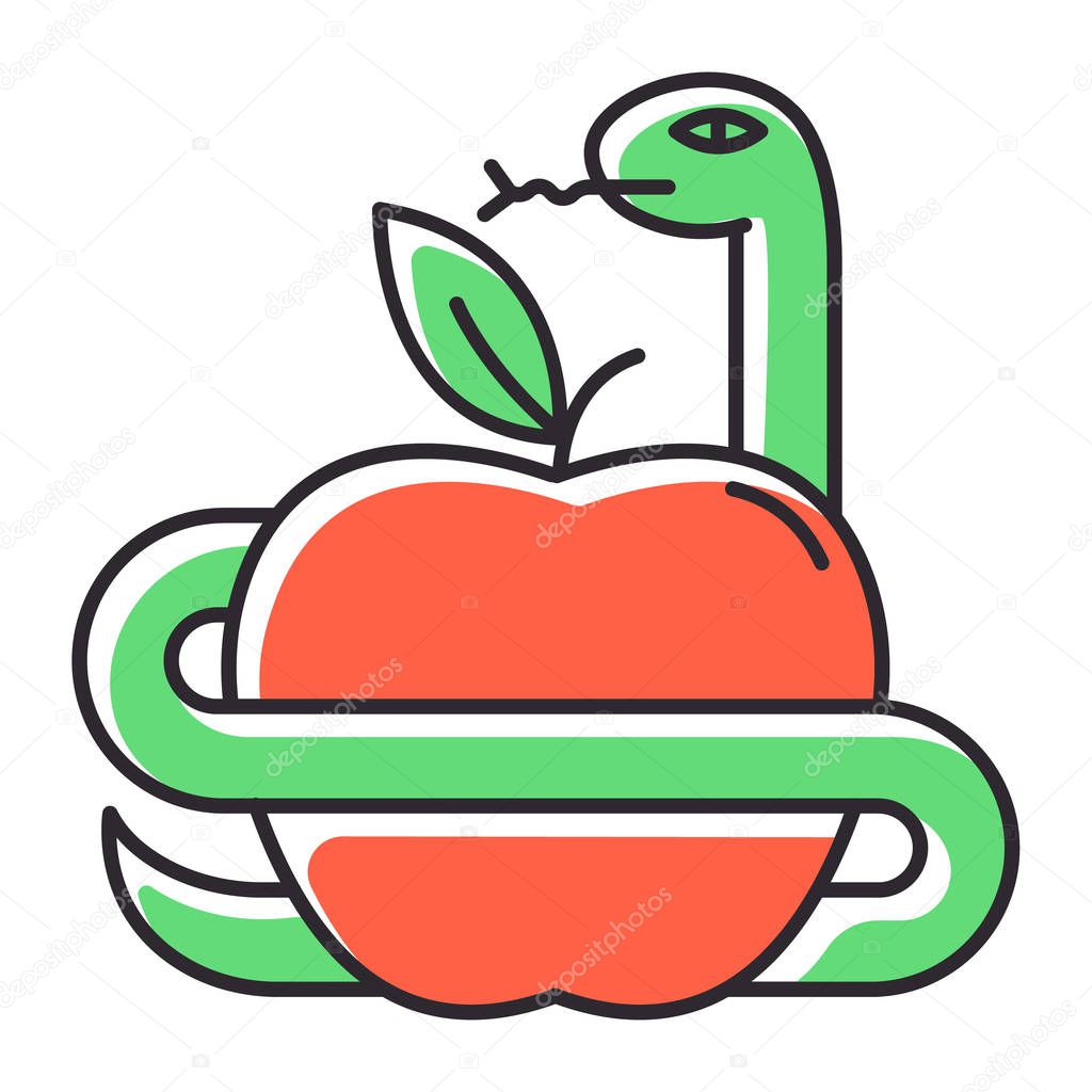 Adam and Eve Bible story color icon. Forbidden fruit. Snake and apple. Religious legends. Christian religion, holy book scene plot. Biblical narratives. Isolated vector illustration