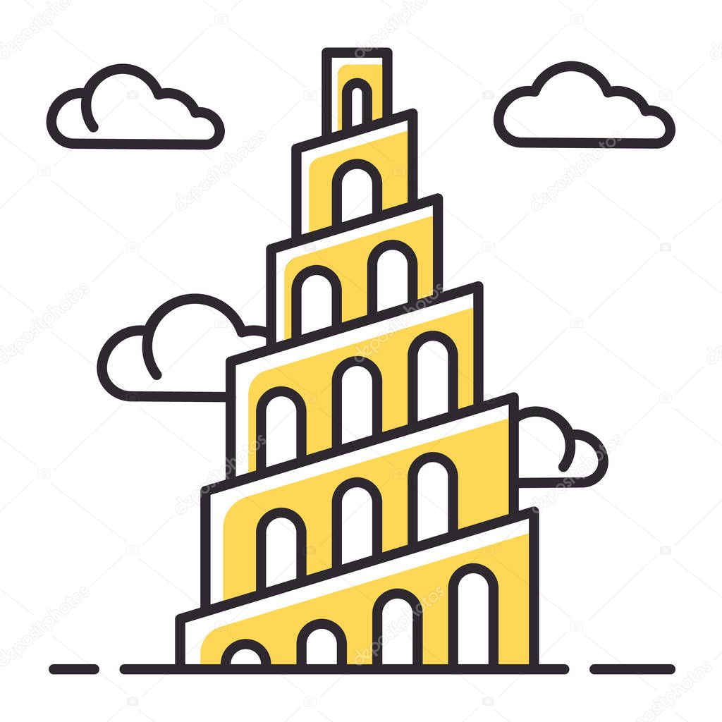 Babel Tower Bible story color icon. Ziggurat. High structure in Babylonia. Religious legend. Christian religion, holy book scene plot. Biblical narrative. Isolated vector illustration