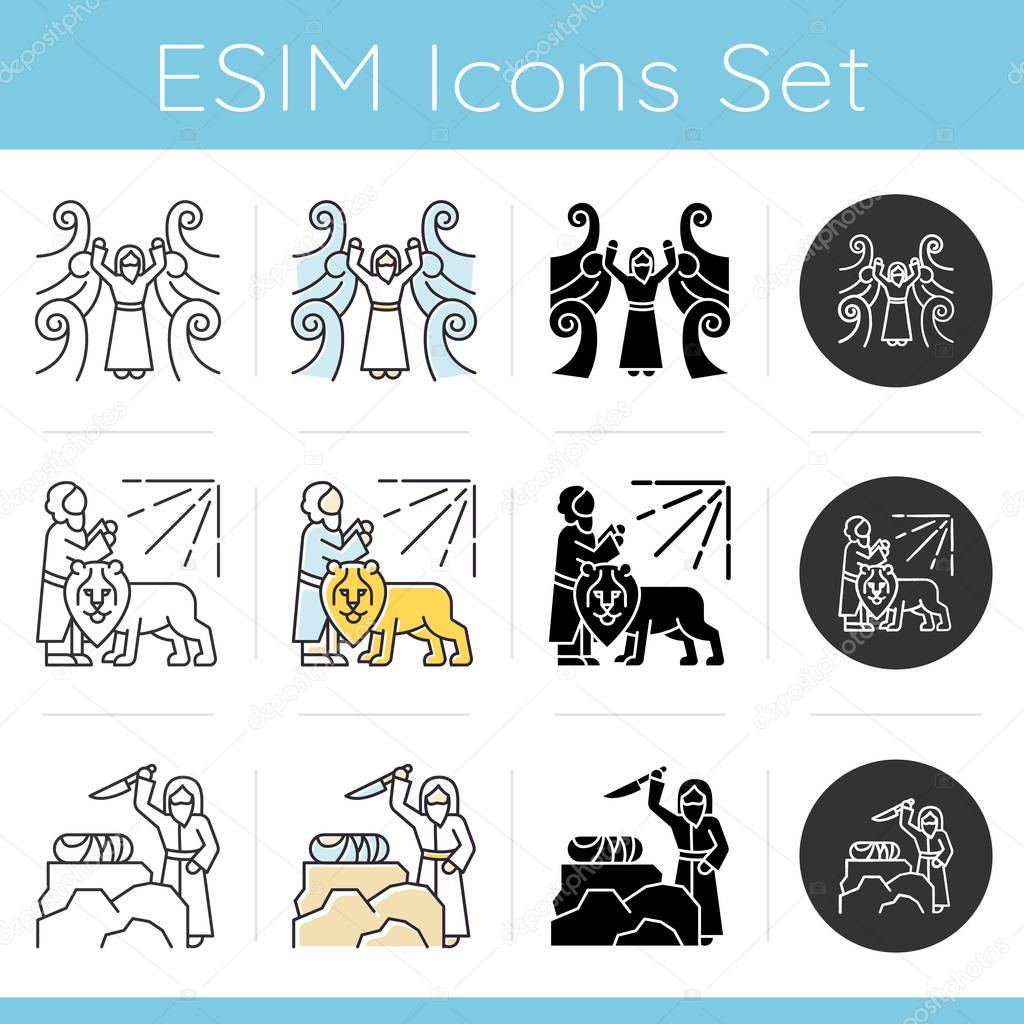 Bible narratives icons set. Crossing the Red sea myth. Religious legends. Christian religion, holy book scenes plot. Biblical stories. Linear, black and color styles. Isolated vector illustrations