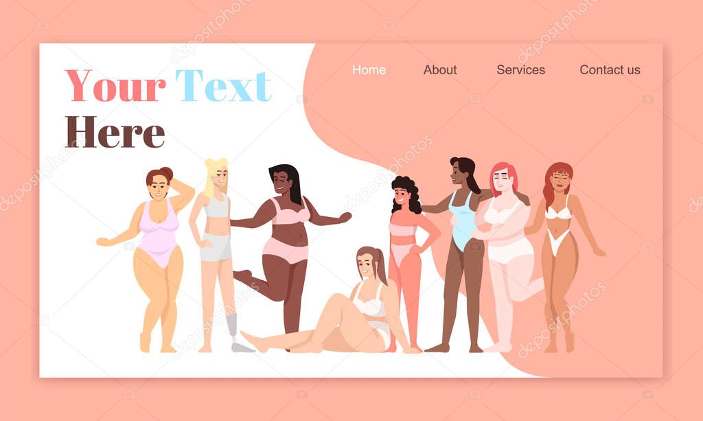 Body positive landing page vector templates. Women dressed in swimsuits website interface idea with flat illustrations. Smiling ladies homepage layout. Feminism web banner, webpage cartoon concept