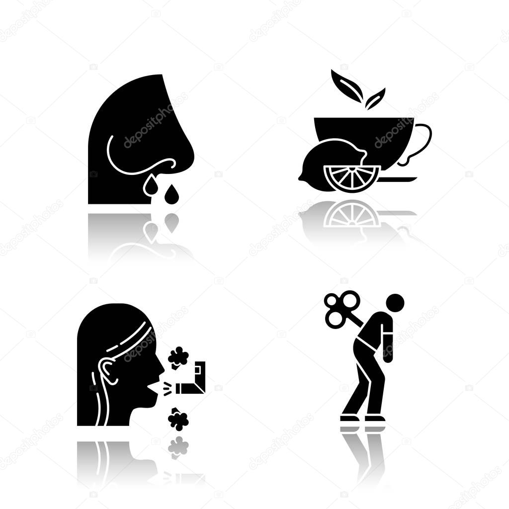Common cold drop shadow black glyph icons set. Drip nose. Cup with lemon tea. Respiratoral inhalation. Fatigue. Healthcare. Disease aid. Overworked and tired. Isolated vector illustrations