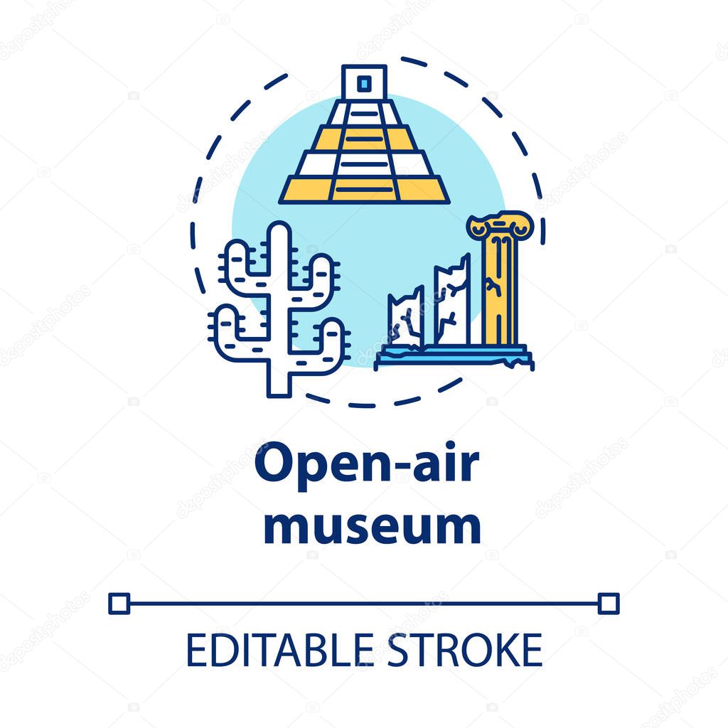 Open-air museum concept icon. Historical architecture exhibition. Temple ruins and colonnade. Archeological exposition idea thin line illustration. Vector isolated outline drawing. Editable stroke