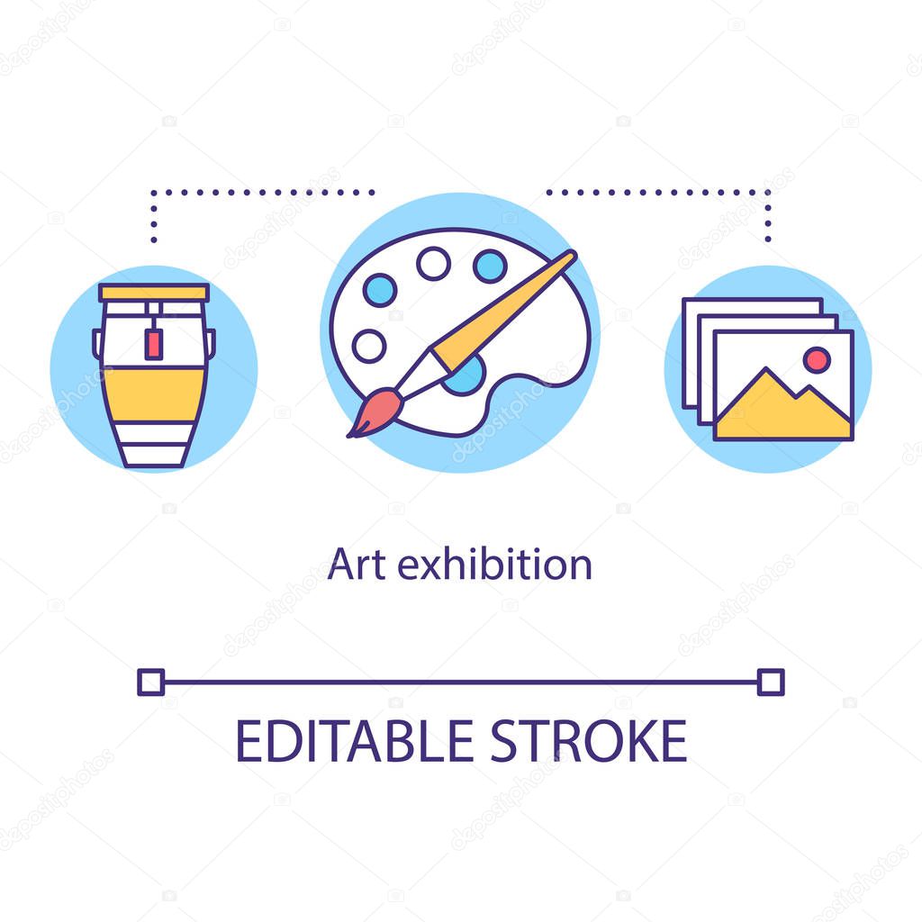 Art exhibition concept icon. Drawing and painting display event. Cultural museum. Artwork showcase. Gallery exposition idea thin line illustration. Vector isolated outline drawing. Editable stroke