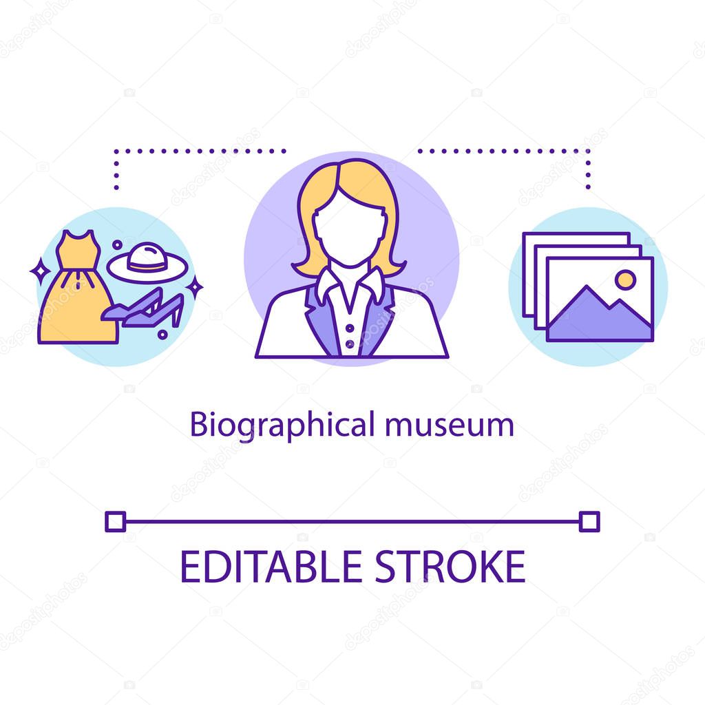 Biographical museum concept icon. Famous person belongings. Culture items display. Personal history material idea thin line illustration. Vector isolated outline drawing. Editable stroke