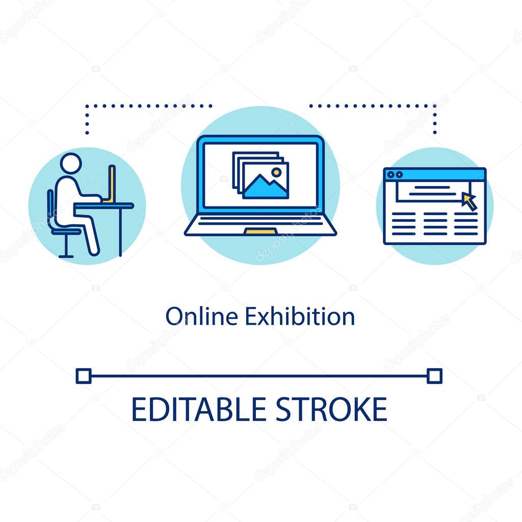 Online exhibition concept icon. Educational website. Virtual reality venue. Online gallery show. Digital exposition idea thin line illustration. Vector isolated outline drawing. Editable stroke