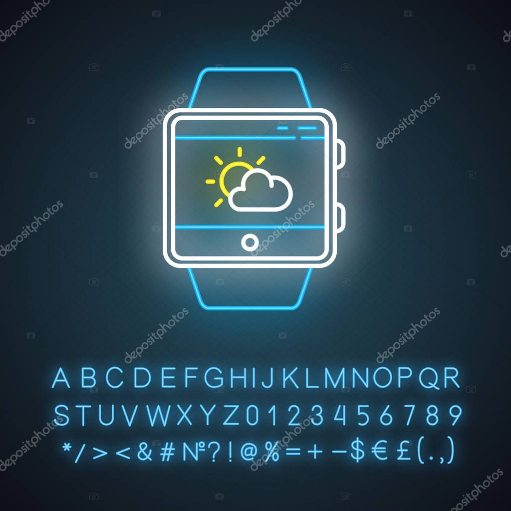 Weather Forecast Smartwatch Function Neon Light Icon Current State Of Atmosphere Temperature Humidity And Wind Glowing Sign With Alphabet Numbers And Symbols Vector Isolated Illustration Premium Vector In Adobe Illustrator Ai