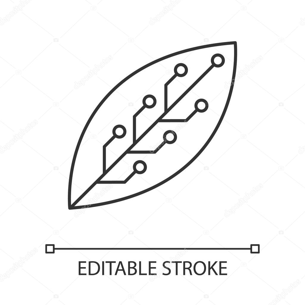 Leaf with microchip linear icon. Smart agriculture. Green information technology. Organic chemistry. Thin line illustration. Contour symbol. Vector isolated outline drawing. Editable stroke