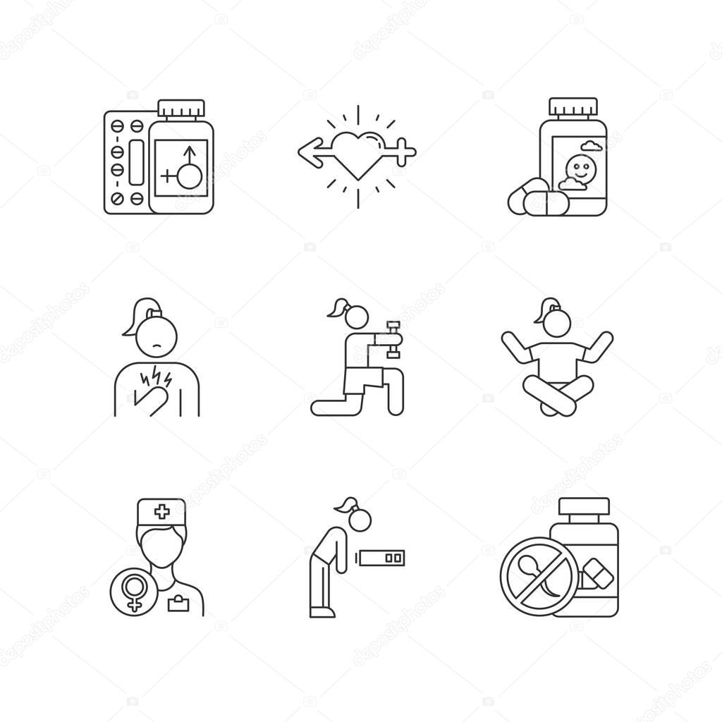 Predmenstrual syndrome linear icons set. Replacement therapy. Gynecology. Pills for health. Fatigue. Thin line contour symbols. Isolated vector outline illustrations. Editable stroke. Perfect pixel