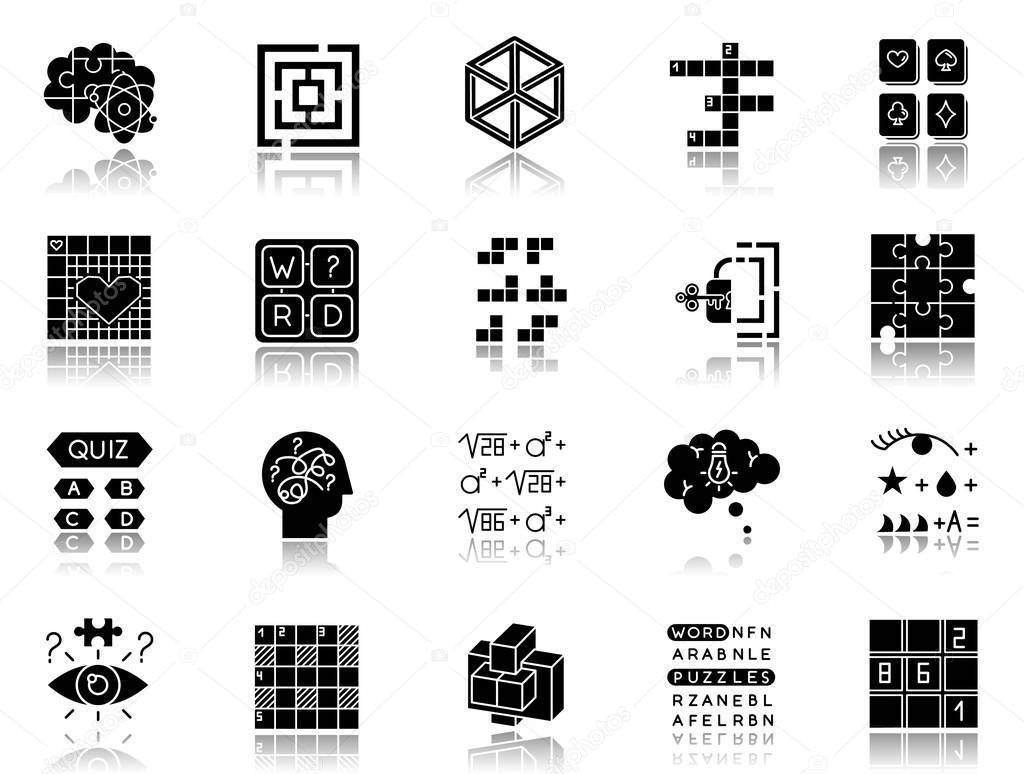 Puzzles and riddles drop shadow black glyph icons set. Mental exercise. Challenge. Language, vocabulary test. Brain teaser. Problem solving. Solution finding. Isolated vector illustrations