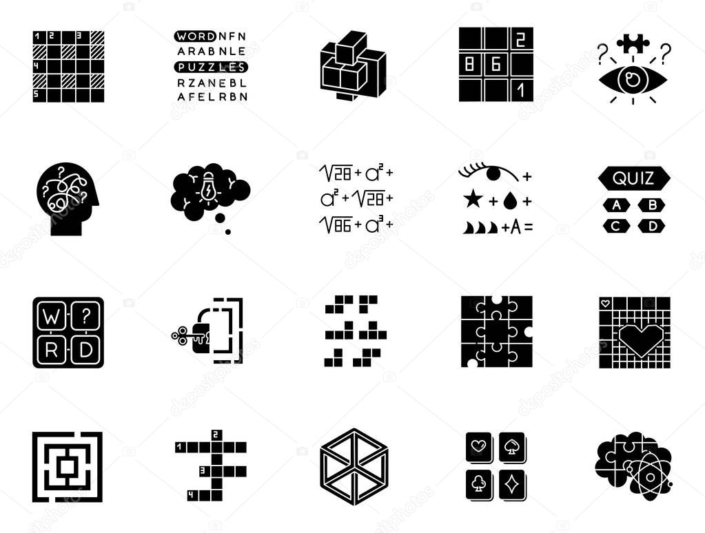 Puzzles and riddles glyph icons set. Mental exercise. Language, vocabulary, intelligence test. Brain teaser. Problem solving. Solution finding. Silhouette symbols. Vector isolated illustration