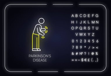 Parkinson's disease neon light icon. Movement difficulty. Shaking, rigidity. Parkinsonian syndrome. Mental health issue. Glowing sign with alphabet, numbers and symbols. Vector isolated illustration clipart