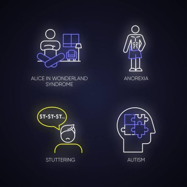 Mental disorder neon light icons set. Alice in wonderland syndrome. Anorexia. Eating disorder. Underweight body. Stuttering. Speech disorder. Autism. Glowing signs. Vector isolated illustrations