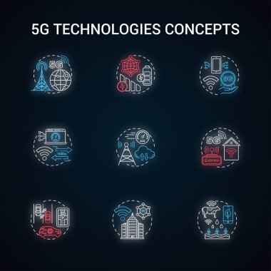 5G teknolojisi neon ışık konsepti simgeleri ayarlandı. Yüksek hızlı bağlantı