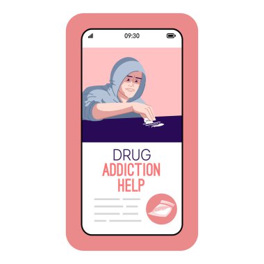 Drug addiction help cartoon smartphone vector app screen. Mobile clipart