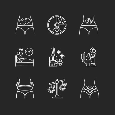 Menstrual cycle chalk icons set. Predmenstrual syndrome. Bloatin