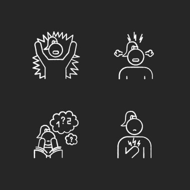PMS symptoms chalk icons set. Emotional outburst. Irritability a