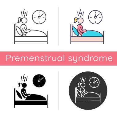 Change in sleep pattern icon. Insomnia. Troubled woman. Stress a