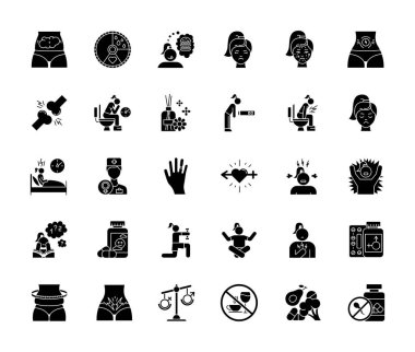 Predmenstrual syndrome glyph icons set. Menstrual cycle. Period 