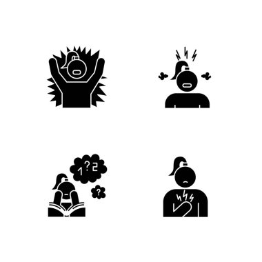 PMS symptoms glyph icons set. Emotional outburst. Irritability a