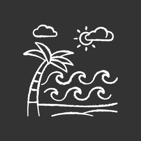 Waves on sandy beach chalk icon. Seaside with palm. Trip to Indo — Stock Vector