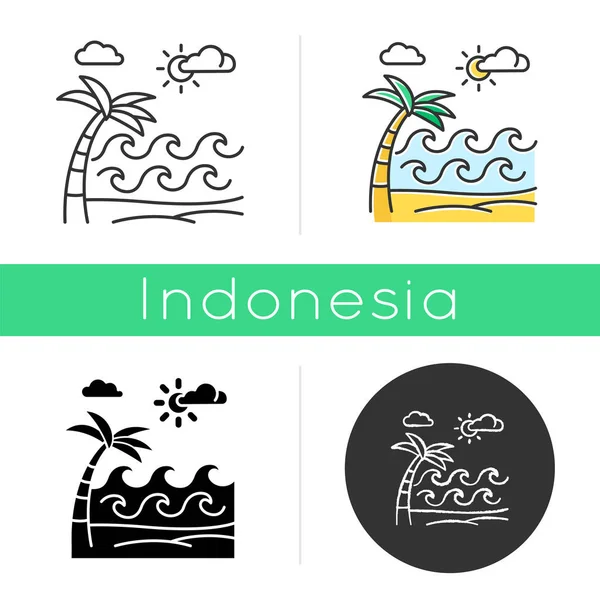 Waves on sandy beach icon. Seaside with palm. Trip to Indonesian — Stock Vector