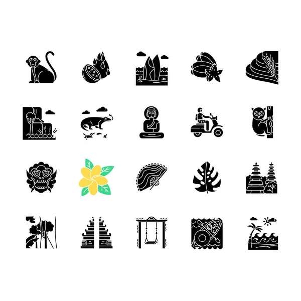 Set di icone del glifo indonesiano. Animali tropicali. Viaggio in Indonesiano — Vettoriale Stock