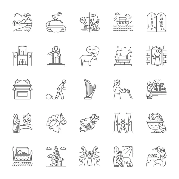 Bible narratives linear icons set. Noah Ark, Babel tower. Moses, — Stock Vector