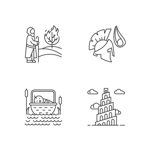 Bible narratives linear icons set. The birth of Moses, David and — Stock Vector