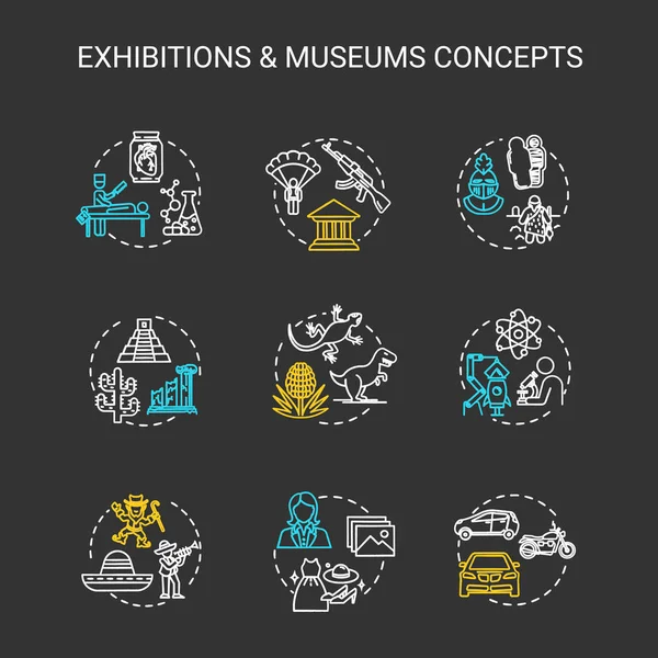 Museum exhibition chalk concept icons set. Ethnographical and bi — Stock Vector