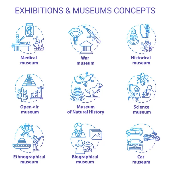 Museum exhibition concept icons set. Ethnographical and biograph — Stock Vector