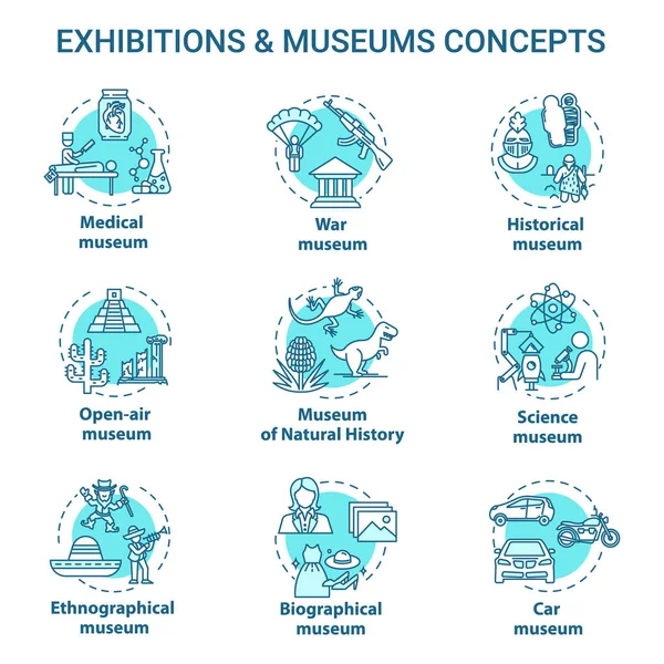 Múzeumi kiállítás koncepció ikonok készlet. Néprajzi és biográfia — Stock Vector