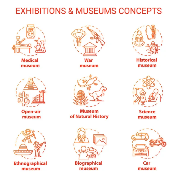 Museum exhibition concept icons set. Ethnographical and biograph