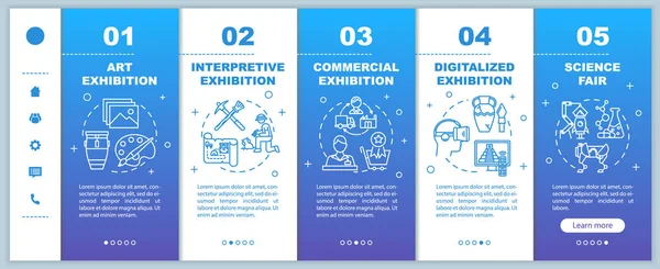 Exposição e museu onboarding mobile web pages vector templat — Vetor de Stock