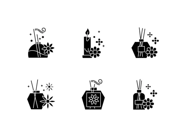 Aromatherapy glyph icons set. Floral scented sticks. Aromatic ca — Stock Vector