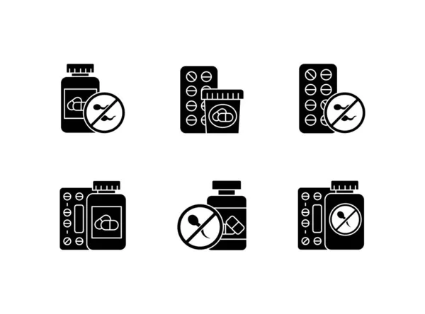 Birth control glyph icons set. Medication and pills. Unwanted pr — Stok Vektör