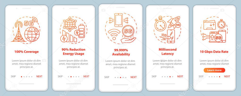 5G technologies onboarding mobile app page screen vector templat