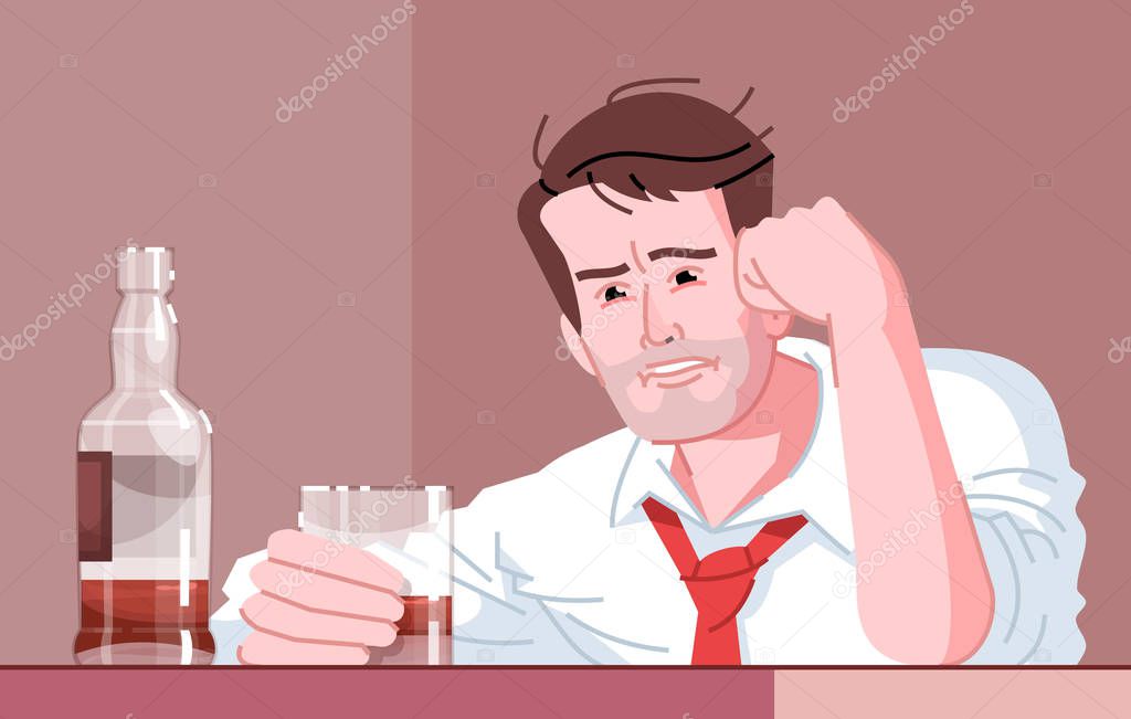 Male alcoholic flat vector illustration. Alcohol dependence. Alc