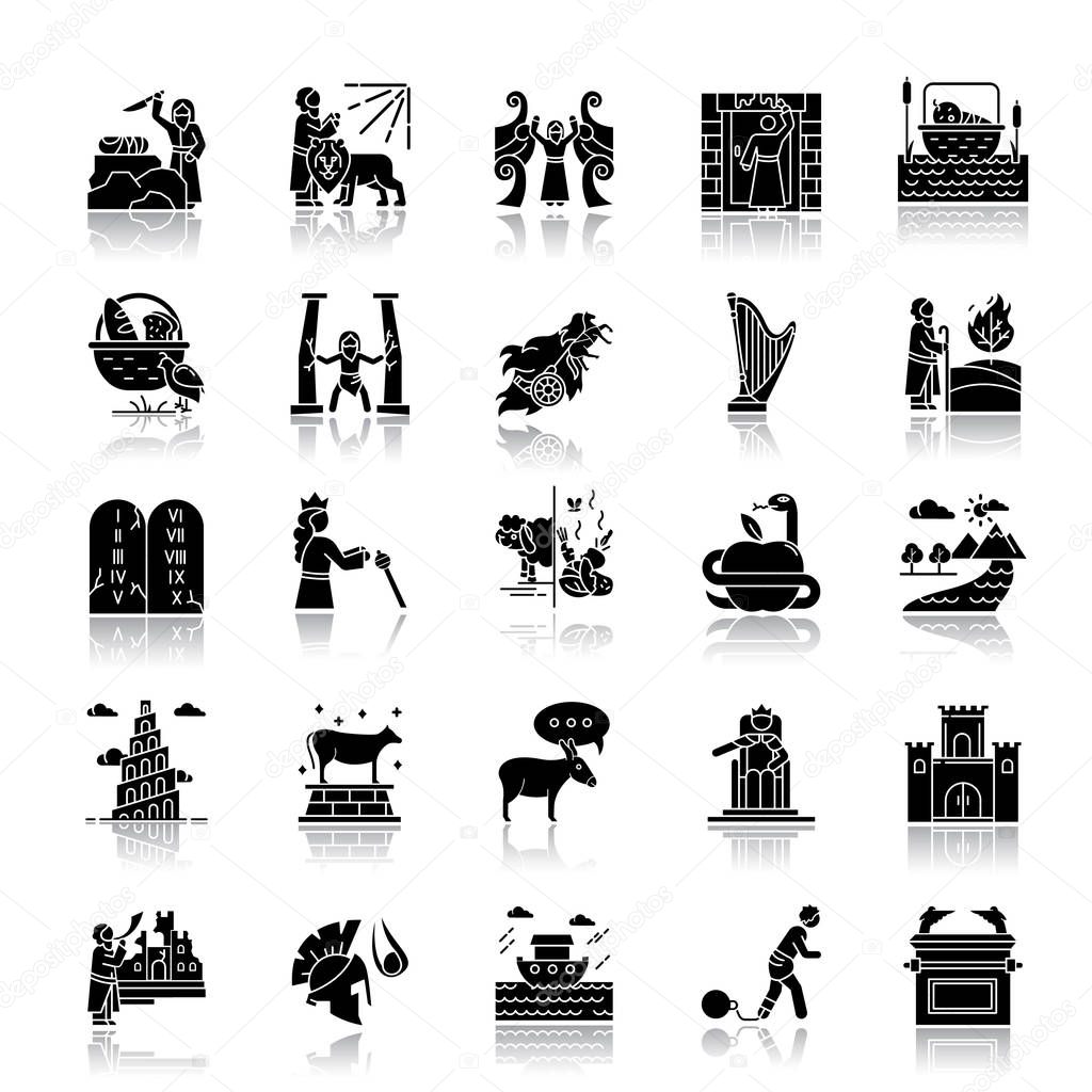 Bible narratives drop shadow black glyph icons set. Noah Ark, Ba