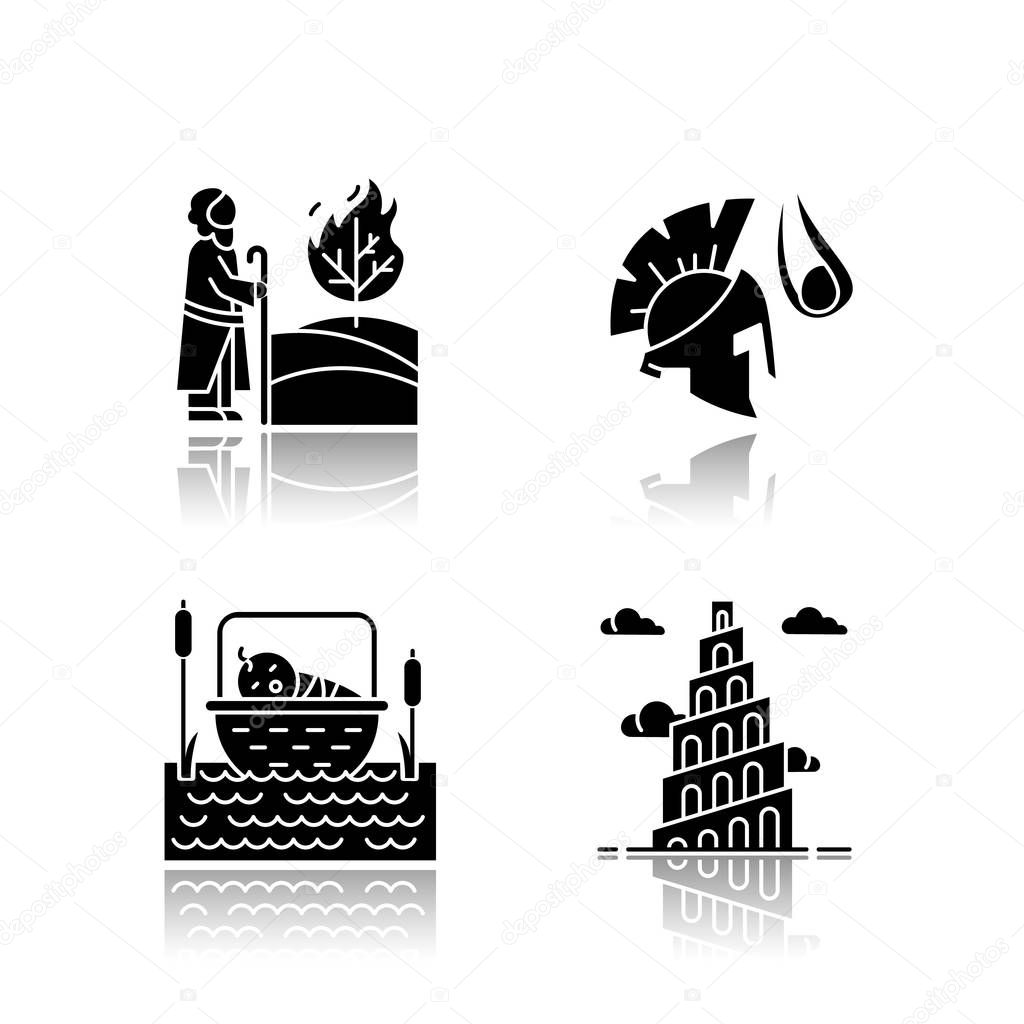 Bible narratives drop shadow black glyph icons set. The birth of