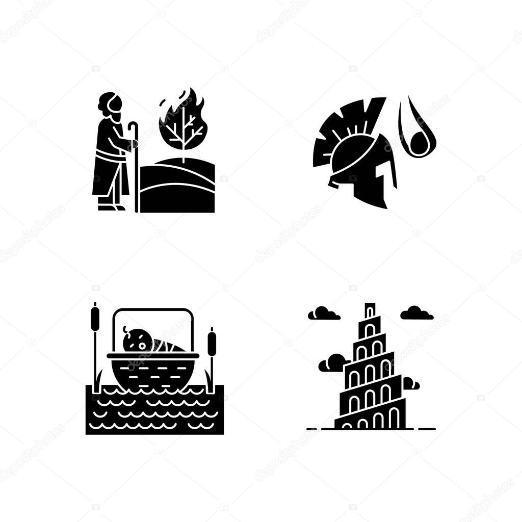 Bible narratives glyph icons set. The birth of Moses, David and 