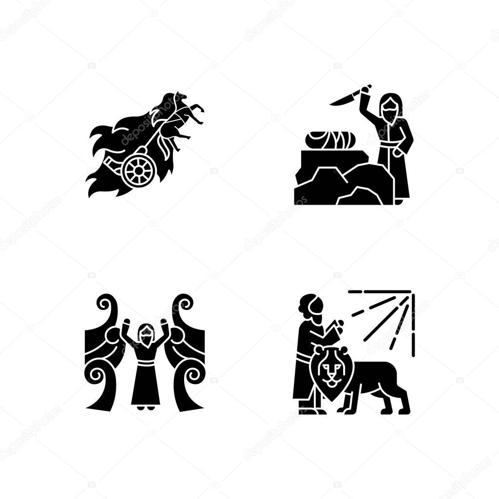 Bible narratives glyph icons set. Chariot of fire, binding of Is