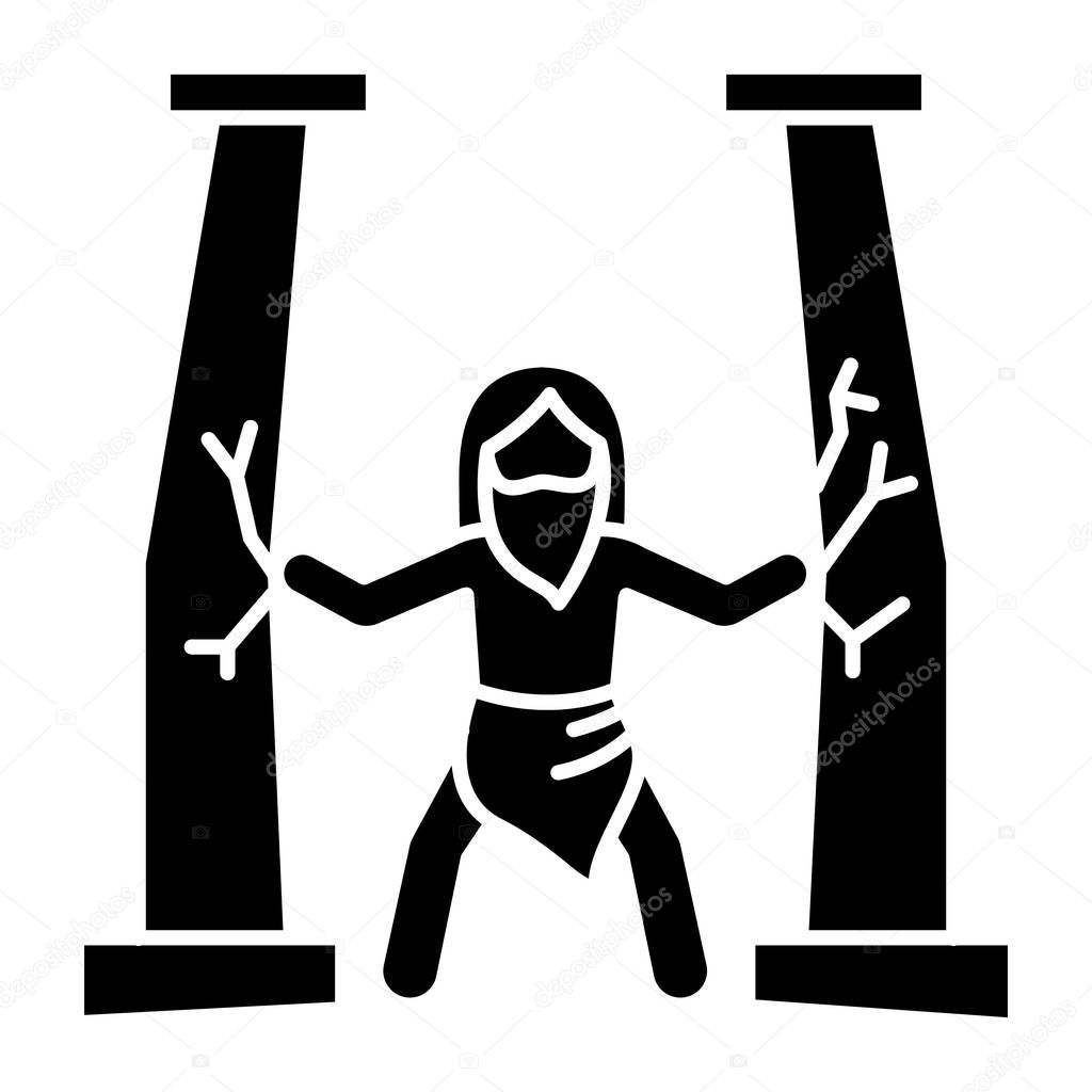 Samson Bible story glyph icon. Last of judge. Strong powerful superhuman. Religious legend. Christian religion. Biblical narrative. Silhouette symbol. Negative space. Vector isolated illustration