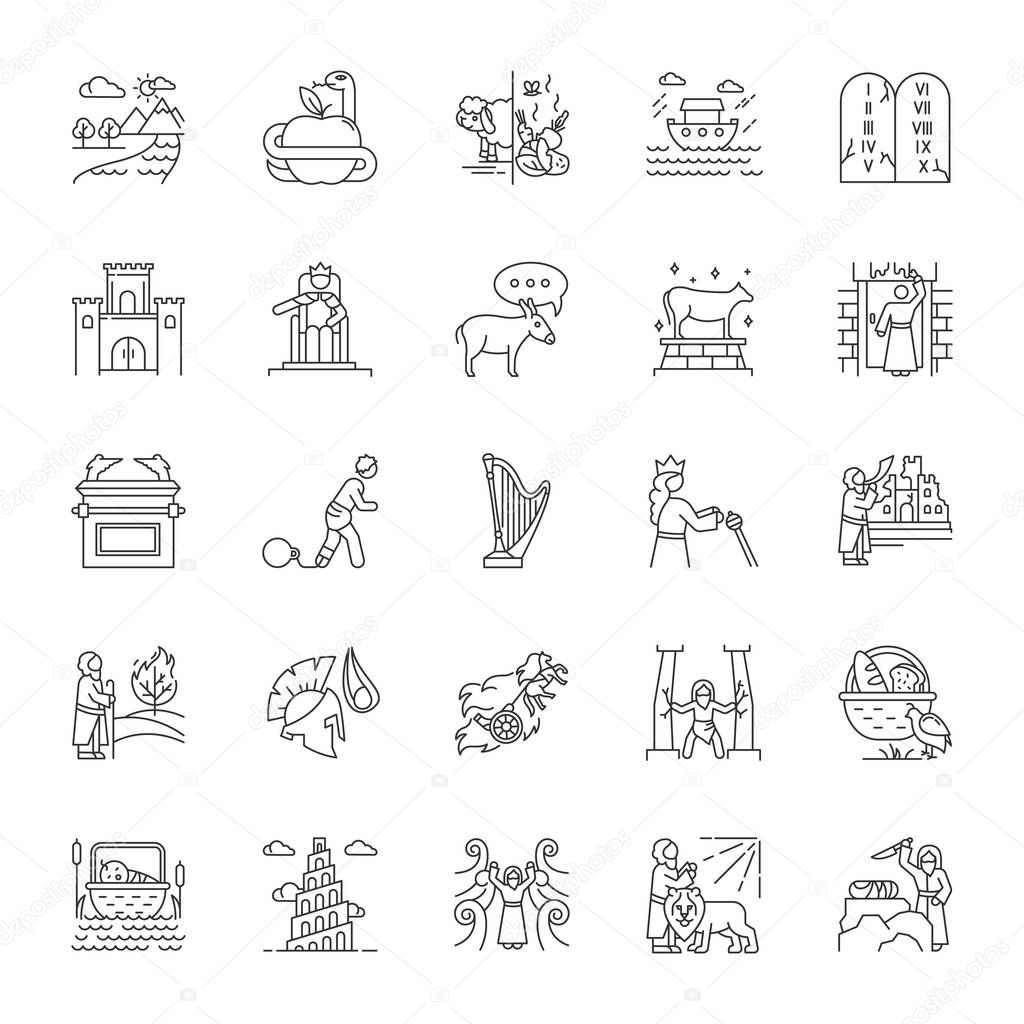 Bible narratives linear icons set. Noah Ark, Babel tower. Moses, God myths. Religious legends. Biblical stories. Thin line contour symbols. Isolated vector outline illustrations. Editable stroke