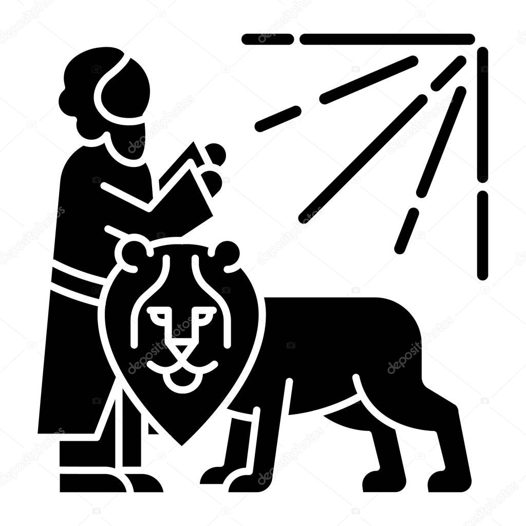 Daniel in lion den Bible story glyph icon. Legendary hero prayin