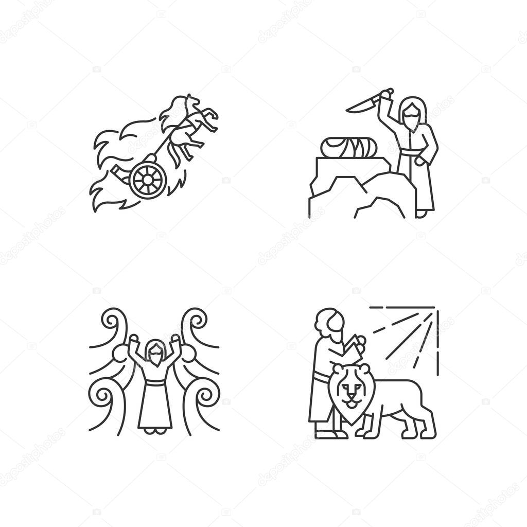 Bible narratives linear icons set. Chariot of fire, binding of I